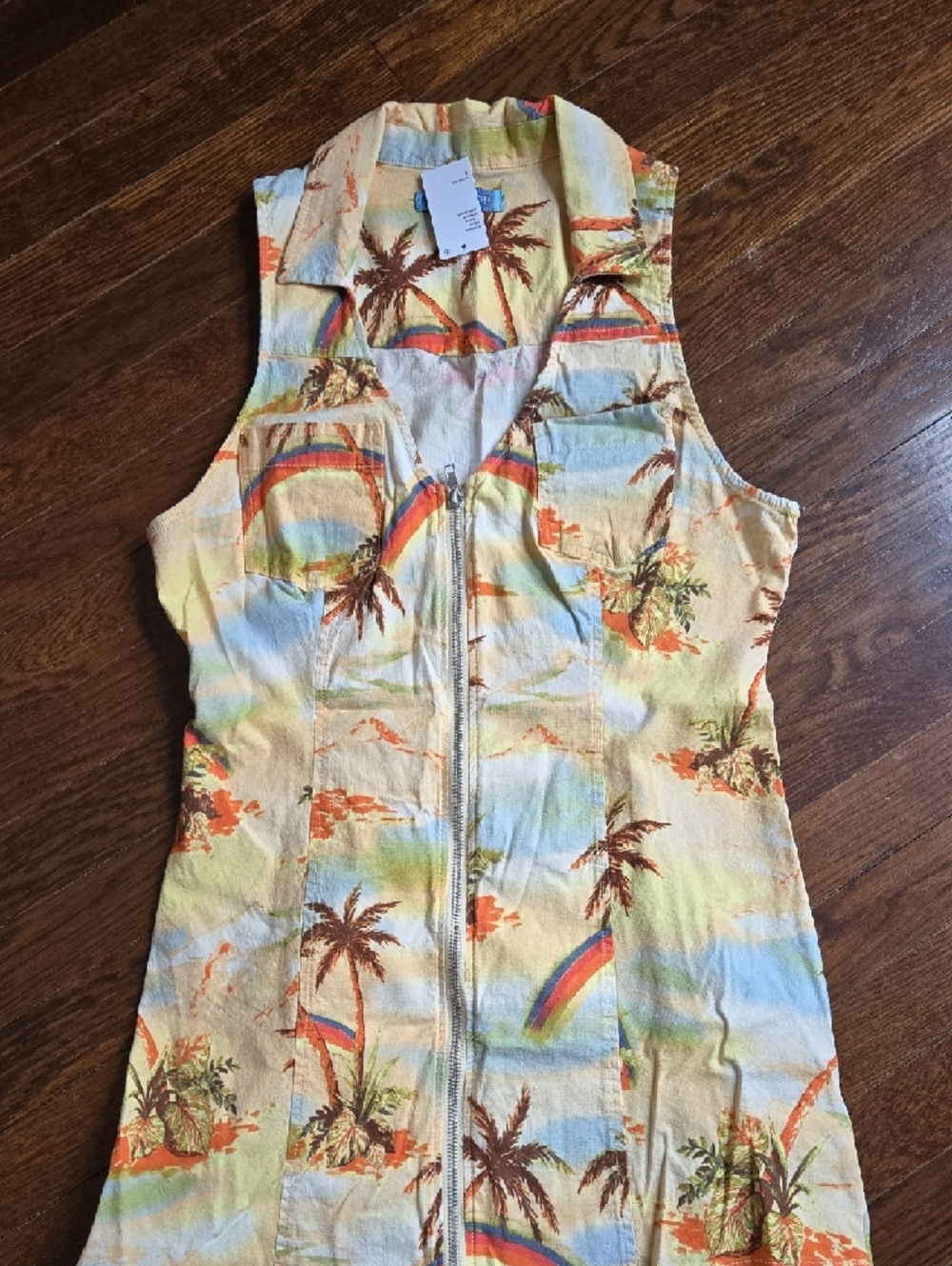 Urban Outfitters Yellow Tropical Zip Front Dress Nwt Sz L Linen Stretch